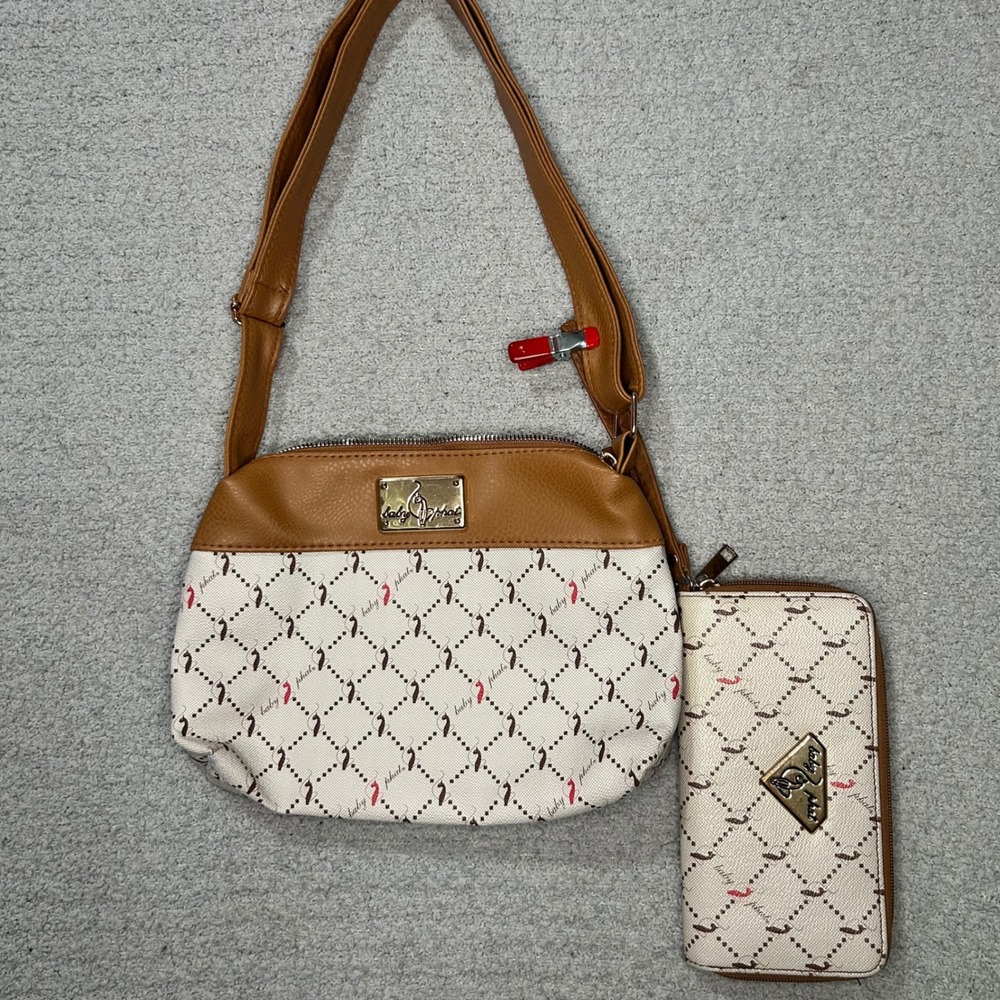 VTG Og Baby Phat Shoulder Bag Wallet Set OS Cream Tan Y2K McBling‎ Monogram Logo